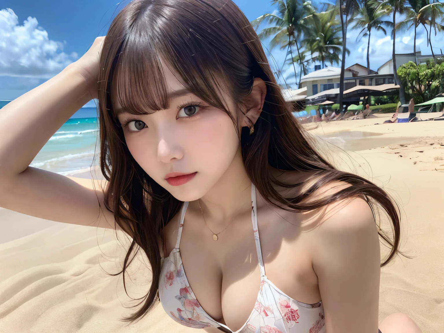 (masterpiece:1.3), High resolution, Super detailed, Highly detailed CG Unity 8k wallpaper, Realistic, photo-Realistic, RAW Photos, Beautifully detailed face, Pale skin, Realistic glistening skin, Detailed cloth texture, Detailed hair texture, Perfect body, Beautiful Face, Accurate, Anatomically correct, Highly detailed face and skin texture, Natural neck length, (Beautiful Hands), (Fair skin:1.2), Thin legs, Thin legs, Sexy thighs,
break,
Fine grain, Symmetrical eyes, Light brown eyes, double eyelid, Thin eyebrows, (Glossy lips:1.4), ((Sexy Face:1.3)), (blush:1.1),
break,
(Very cute girl:1.3), (Wearing a white floral topless bikini:1.2),
Big Breasts, (Hard chest, Shapely breasts, Slim figure:1.1), Toned Abs,
(Dark brown hair, Wavy Hair, Medium Long Hair:1.2), ((Asymmetrical bangs:1.2)), (Nipples visible through the transparent fabric:1.3),
break,
((Place your hands together in front of your chest、Kneeling towards the viewer:1.3)),
((On Waikiki Beach in Hawaii:1.2)), (Upper Body Shot:1.2), (From below:1.1), (People looking up),