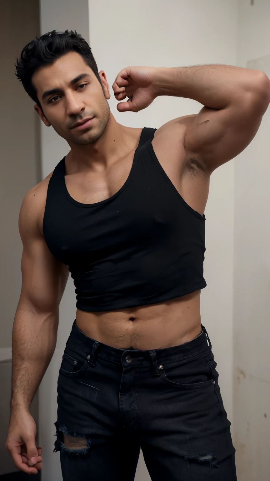 arafed man in black shirt and jeans posing for a picture, crop shirt and strong abs, wearing a cropped black tank top, mid-shot of a hunky, wearing a black cropped tank top, wearing a sexy cropped top, open v chest clothes, ripped, wearing a tanktop, full body picture, exaggeratedly large physique, baggy jeans