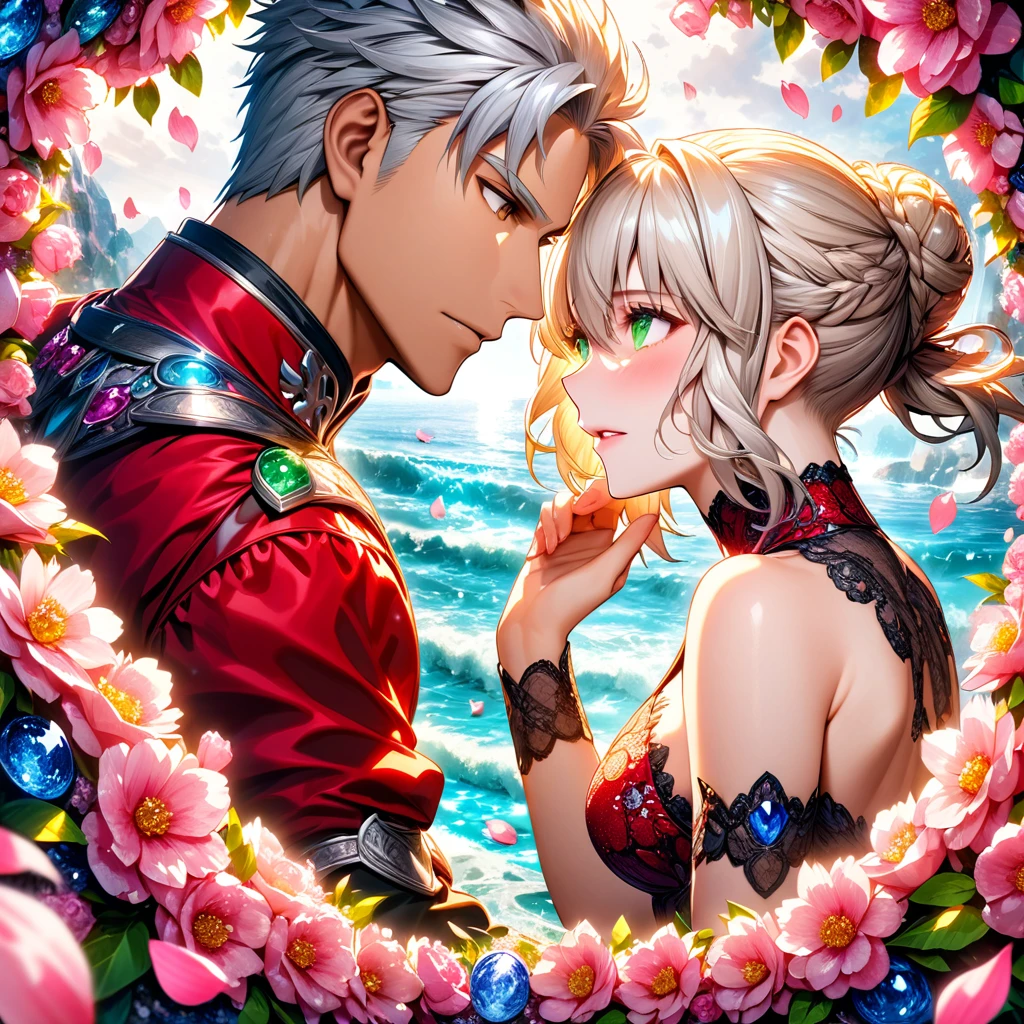 Ultra detailed, Highres, absurdres, HDR, master piece, Archer, white hair, expressive brown eyes, Artoria Pendragon, blond hair tied in a bun, expressive green eyes, Fate Grand Order, a handsome man together with a beautiful woman, couple, love, extremely detailed eyes and face, water, pink flowers, blossoms, petals, fantasy, magic, best quality, sexy, knight red clothes