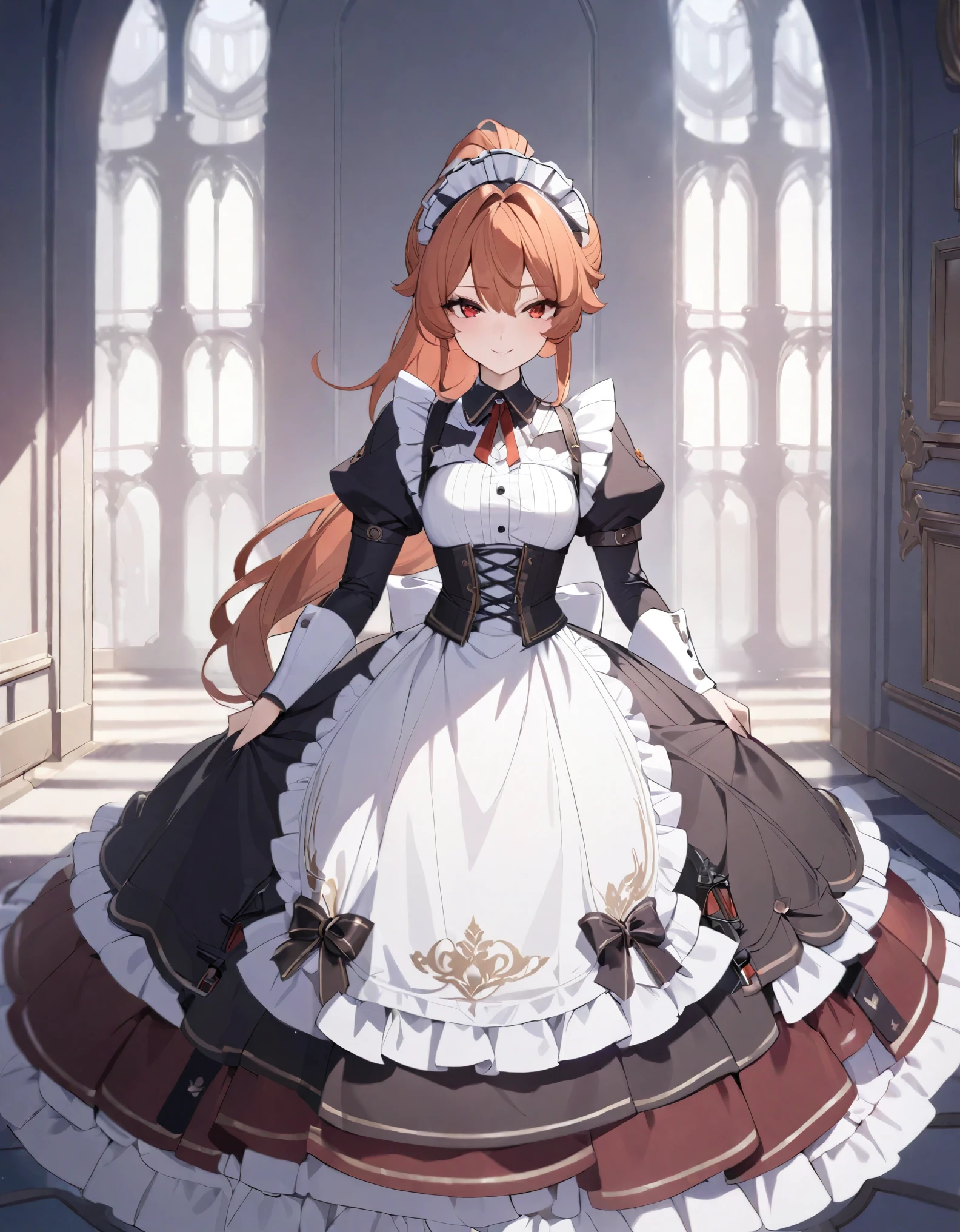 (best quality,4k,8k,highres,masterpiece:1.2),ultra-detailed, (1girl) A cute teenage bodyguard maid with red eyes, drawn in anime style, spiky ginger hair in a long ponytail, protective and caring, victorian fashion, wearing a cute black maid dress with short puffy sleeves, gorgeous dress design,flowing gown,elaborate lace details,rich textures,contrast stitching,delicate ribbon bows,floral accents,full skirt,long sleeves,fitted waistline,lace-up back,luxurious fabrics,flawless silhouette, tactical gear, light armour, petticoat, bloomers, a frilly headband, a frilly white apron, high-heel boots, ribbons, gun holster, steampunk style, girlish smile, feminine and elegant posture, waiting in a castle hallway, extremely detailed eyes and face,long eyelashes,volumetric lighting,cinematic lighting,protective posture,highly detailed texture,intricate details.