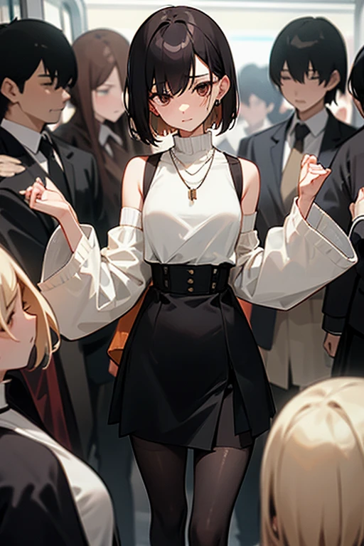 Brown short bob、Sleeveless white sweater、wearing a black jacket、Flared sleeves、Tight Skirt、Black Stockings、necklace、Extremely crowded train、There are a lot of people crowded together、Disheveled clothes、Your cheeks are red、slender、Curved waist、slender、Beautiful clavicle、There are a lot of people and they are close to each other、Flickering、Sexy、Belly button、Earrings、Color mesh on hair、There are so many people that our bodies are pressed together and it&#39;s so cramped.、