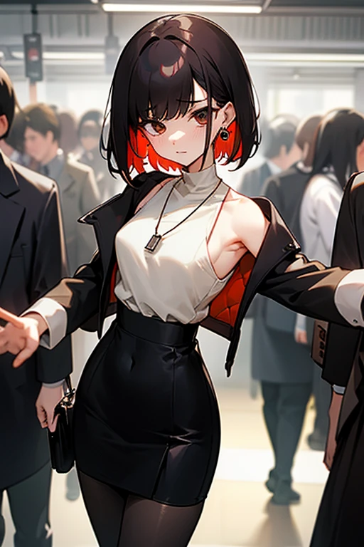 Brown short bob、Sleeveless white sweater、wearing a black jacket、Flared sleeves、Tight Skirt、Black Stockings、necklace、Extremely crowded train、There are a lot of people crowded together、Disheveled clothes、Your cheeks are red、slender、Curved waist、slender、Beautiful clavicle、There are a lot of people and they are close to each other、Flickering、Sexy、Belly button、Earrings、Color mesh on hair、There are so many people that our bodies are pressed together and it's so cramped.、