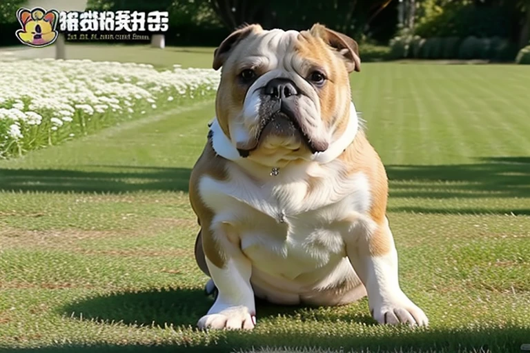 bard's view, looking at viewer, Male bulldog sitting、Wearing a collar、Being on the lawn,