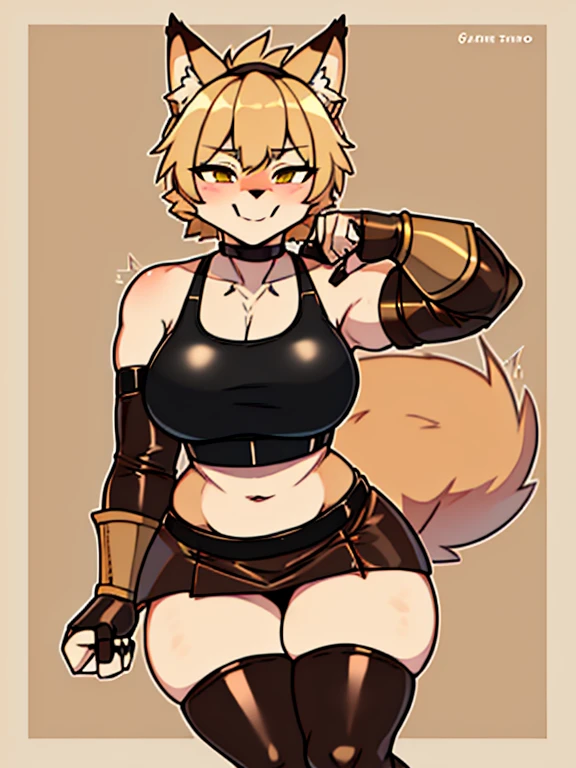 furred dragon, nardoragon_species, tan fur, khaki hair, (o ambos sean tan o khaki), girly, femboy, thick thighs, wide hips,(((seductive, Leather Skirt, Leather Sports Bra, Bare Shoulder, Bridal Gauntlets, Sleeves))),
