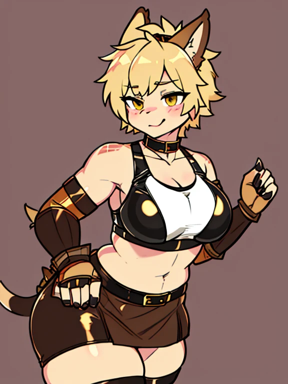 furred dragon, nardoragon_species, tan fur, khaki hair, (o ambos sean tan o khaki), girly, femboy, thick thighs, wide hips,(((seductive, Leather Skirt, Leather Sports Bra, Bare Shoulder, Bridal Gauntlets, Sleeves))),
