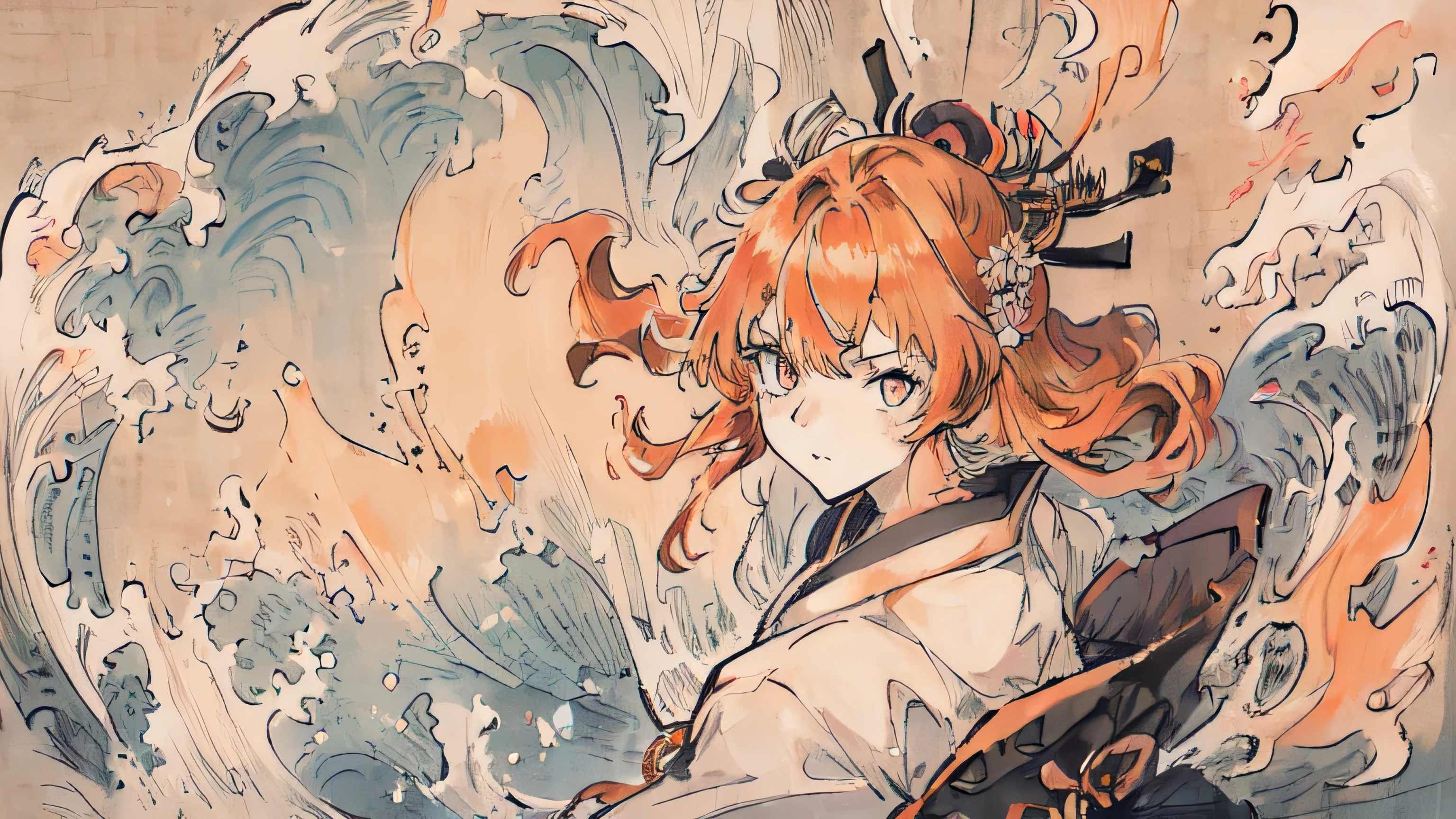 (((masterpiece,highest quality))),1 Female, one person,Orange Hair,Long Hair,(Japanese style:1.4),princess,(vitality),night, Super detailed eyes,Super detailed waves