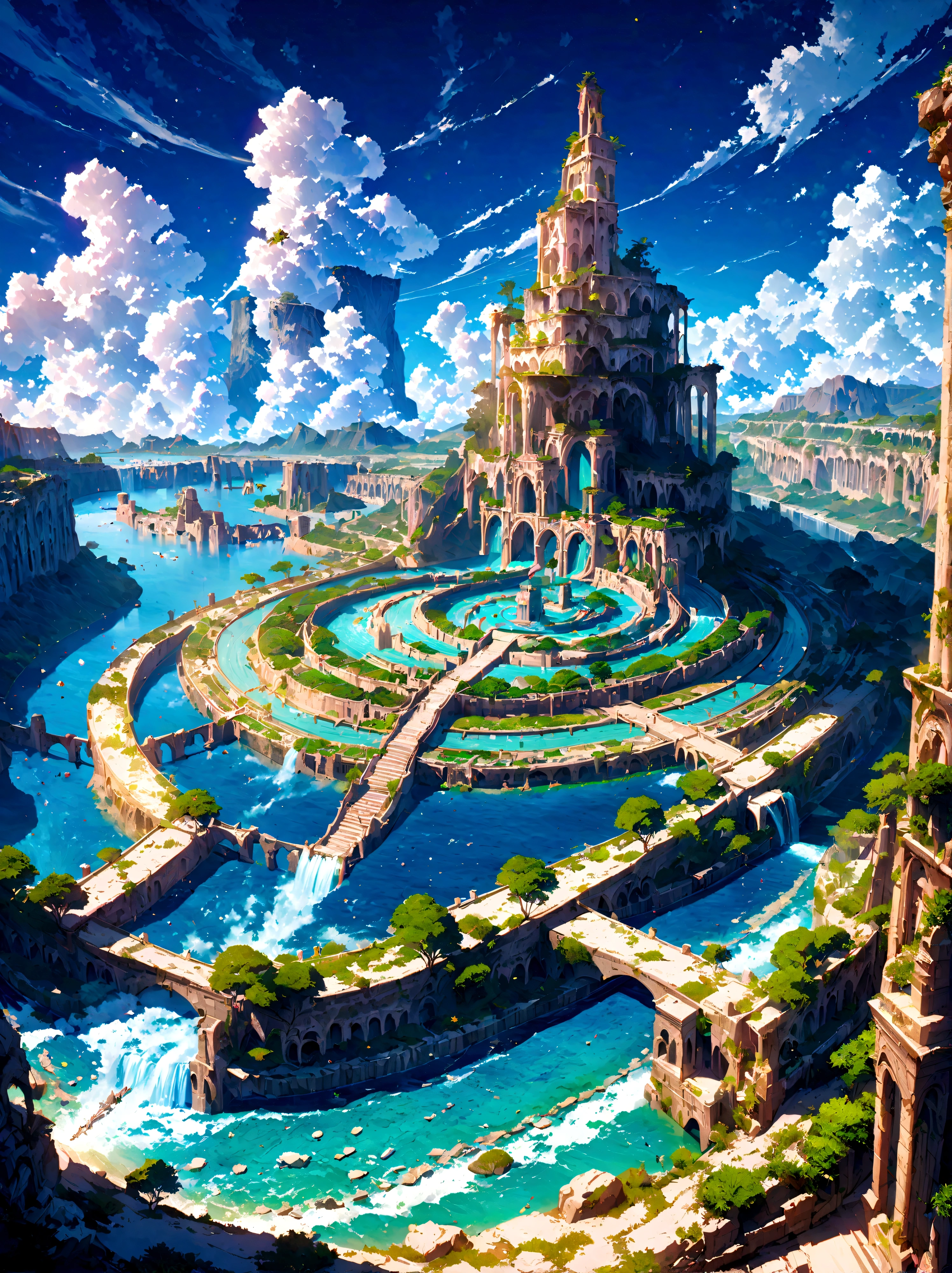 8K resolution, surreal, Super detailed, high quality, fantastical city, towering archways and bridges, cascading waterfalls, ancient ruins, lush greenery, winding river, blue skies with fluffy clouds, detailed stone structures, scenic landscapes, mix of natural and architectural beauty, vibrant colors