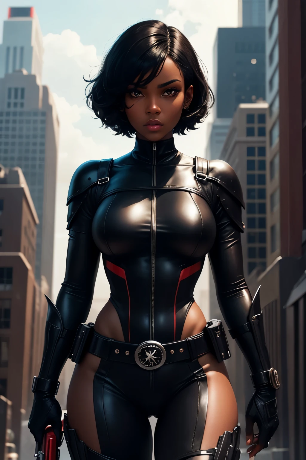 Black girl with dark honey skin with a black bob and hazel eyes. Black and red suit with a weapon belt looking over Gotham City