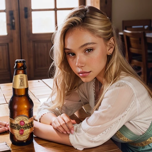 Realistic photo of a beautiful 18 year old ALEXIS-REN, (best quality,ultra-detailed,realistic:1.2),beautiful detailed eyes,beautiful detailed lips,blonde hair, 
young beautiful blond german woman wearing dirndl, oktobefest cloths, classy shoes and jewelry, table with beer and white sausages, sweet mustard and pretzels, very realistic phtograpy, photoreal. 