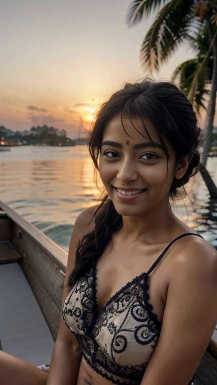 close up RAW photo of a Shriya Saran smiling, in a boat, detailed bkini, black slick hair, beach, heavy sunset, island in a background, detailed background,(lust), (intricate:1.4), dramatic, epic, octane render, rim light, dim light modelshoot style, 8k, ultra detail,