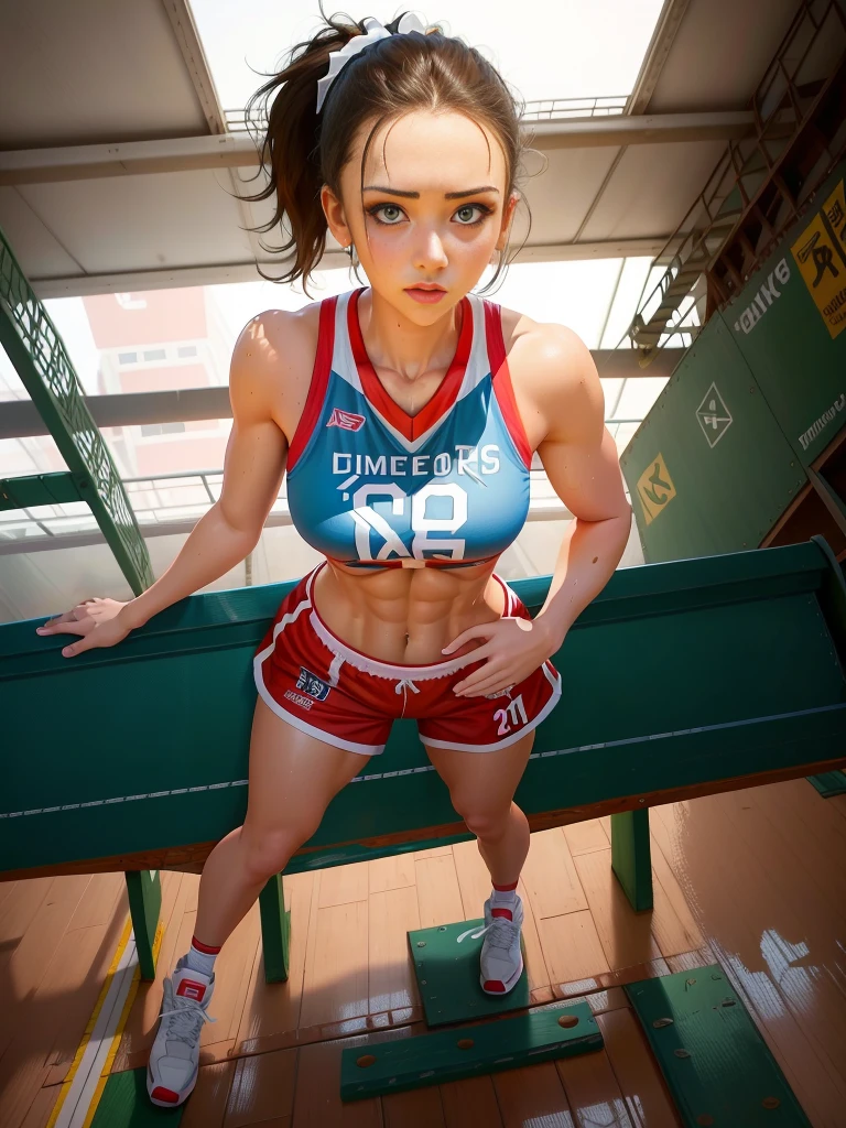 (Digital Painting),(Best Quality), 1girl in,basketball uniform,charming face,small head,big beatiful eyes,large breasts,Trained abs,nice legs,wet skins sweat,basketball Venues,Dramatic light,from above