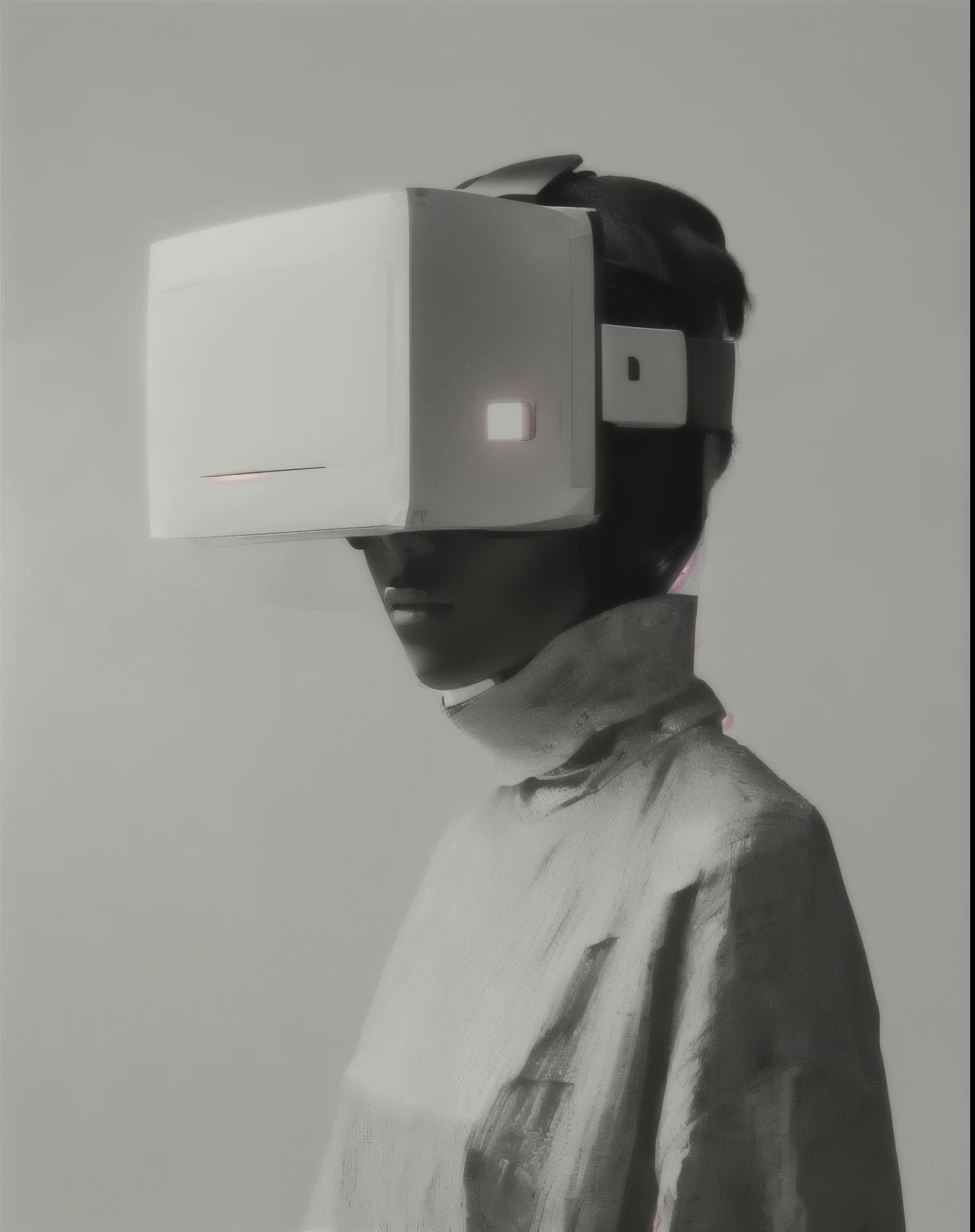 there is a woman with a box on her head, oled visor over eyes, oled visor for eyes, futuristic vr headset, fashion of the future, wearing vr, wearing futuristic, wearing a vr-headset, eyes projected onto visor, wearing a vr headset, vr helmet, glass oled visor head, vr headset, glass oled mecha visor, virtual reality, futuristic