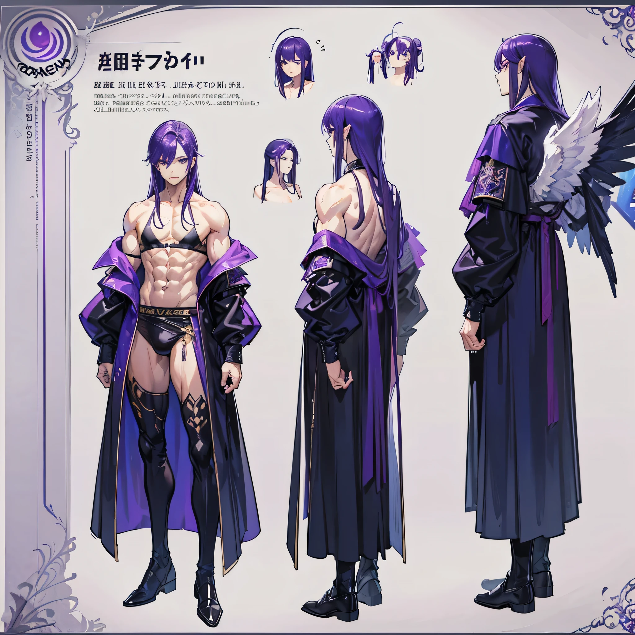 (Masterpiece, best quality), detailed, 1 man, ((character concept art)), ((character design sheet, same character, front, side, back)), full body, body complete, 1 Male, 1 Man, Detailed face, character design sheet,full bodyesbian, Highly detailed, character sheet, character design, Many parts, dark skin, angel wings, long purple hair, angel outfit, muscle male god, male clothes, masculine, muscle man, male muscle, manly, male angel, Muscle male with purple long hair,beautiful man, abs, pectoral muscle