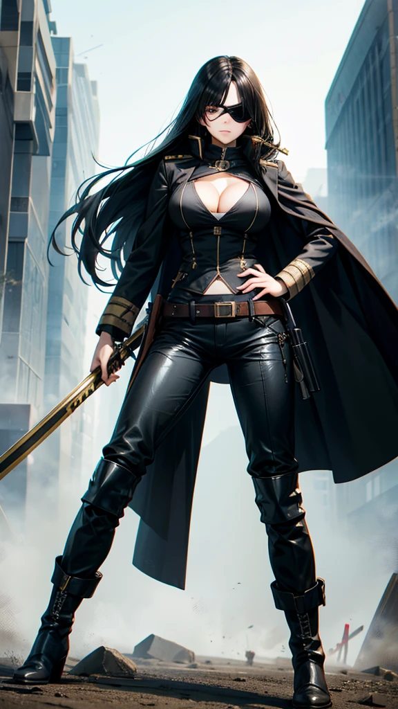 One-eyed adult woman with long black hair,Single piece eye patch,military development,cleavage,long pants,boots,musket,Western saber,battlefield,