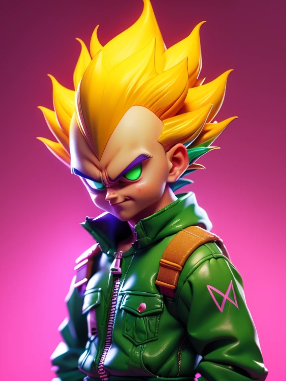 1man, solo, (masterpiece), best quality, ultra-detailed, Vegeta from Dragon Ball Z, super saiyan hair, Retro style, full body. fashion cloth, purple jean jacket, fancy, portrait, upper body, face detail, eyes detail: 1.3, simple background, green eyes, pink shirt, white background.
