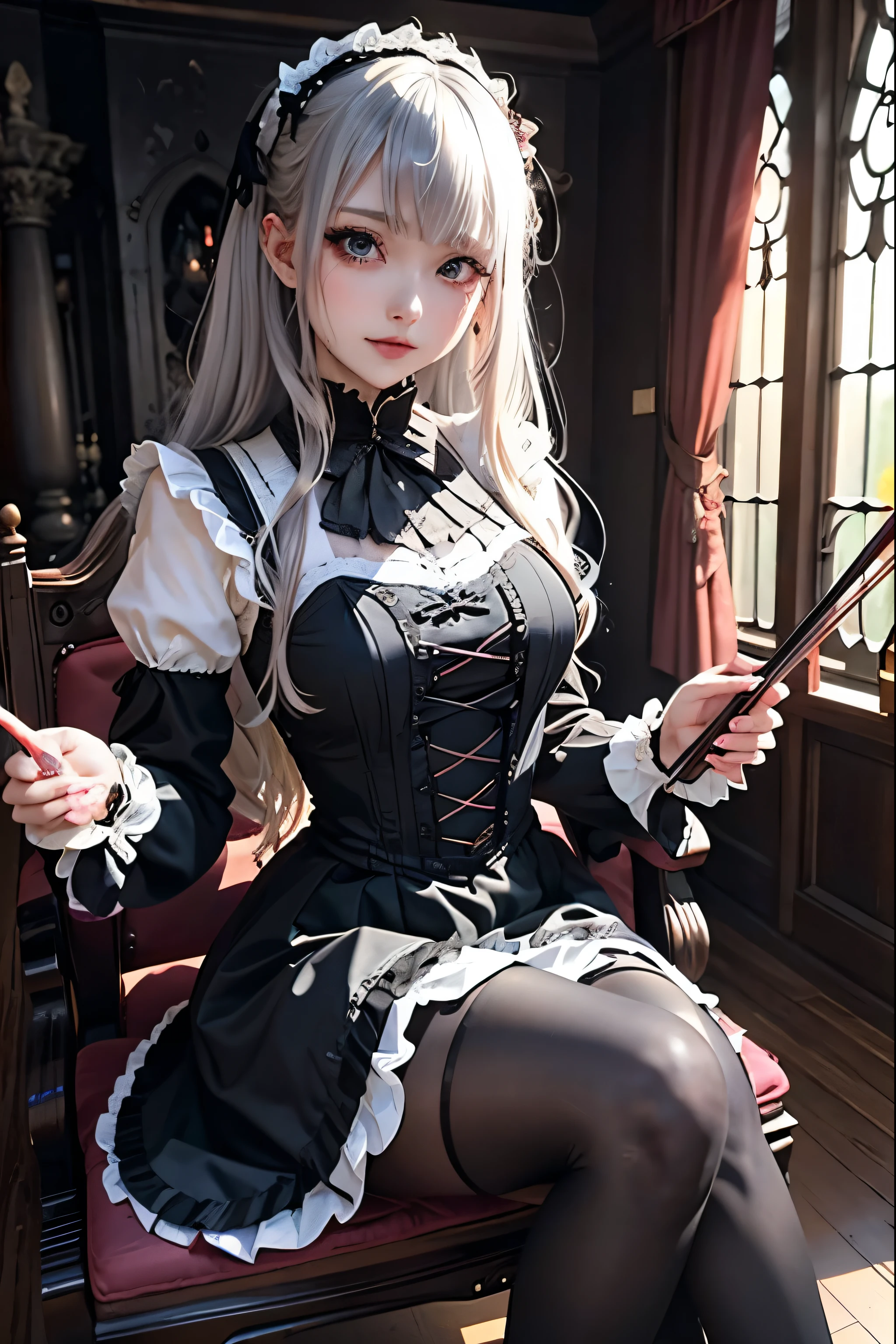 Hard Dark Gothic Makeup、Deep Night Sky、Horror、Black dark eyeshadow、sad、Good skin radiance、Dark Gothicメイク、Dark smile、palace、24-years-old、Embarrassed look、Dark Gothic、Obscene language、highest quality、Drunk face、紫のMaid clothes、Mysterious、Noble、sexy、Loving smile、Right blue eye, Left eye is red、Platform Heel Shoes、Heavy makeup、Gothic Lolita Clothing、Silver Hair、Long Hair Straight Hair、Cute Gothic Lolita Dress、Beautiful Face、elegant features、Fascinating face、Stained glass is the background、Chest glistening with sweat、The room is dark、gothic long dress、Bell Sleeves、Wizard Sleeve、Decadent look、Sexually excited expression、Glossy thighs wet with water、Thighs that are wet and shiny with oil、Background of a room full of roses、The embroidery is pink、The dress has pink embroidery、Thigh-high socks、Knee-high socks、Gentle expression、Dark black eyeshadow、Stained glass and rose background、Female Duo、Female couple、dark church background、Stained glass、Black metal world、Dark Castle、Slender body、gothic long dress、Maid clothes、Victorian dresses、Her thighs glisten with sweat、My body is wet and shiny、Lots of glitter on the thighs、My thighs are sticky from sweating、Sweat glistens on the thighs, The whole body is sweaty and shiny、Quite sweaty、My thighs are sweaty、My thighs are so wet、My thighs are shining with sweat、A lot of sweat glistens all over the body、Small breasts、Orchestra StageStage、Dynamic Angle、sitting on a gothic chair、Play the violin gracefully、With a violin、Press the violin strings、violinist、orchestra performance、Thin thighs、slender、Violin body and strings、Sit on a chair、pantyhose、