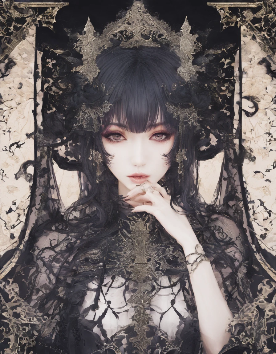 悪意のあるいたずら好きな少女のゴシックDark fantasyポートレート、Detailed facial features、Captivating eyes、Impressive makeup、Elaborate hairstyles、Dark atmosphere、Dramatic chiaroscuro lighting、Dark fantasy、Cinematic、8k、High resolution