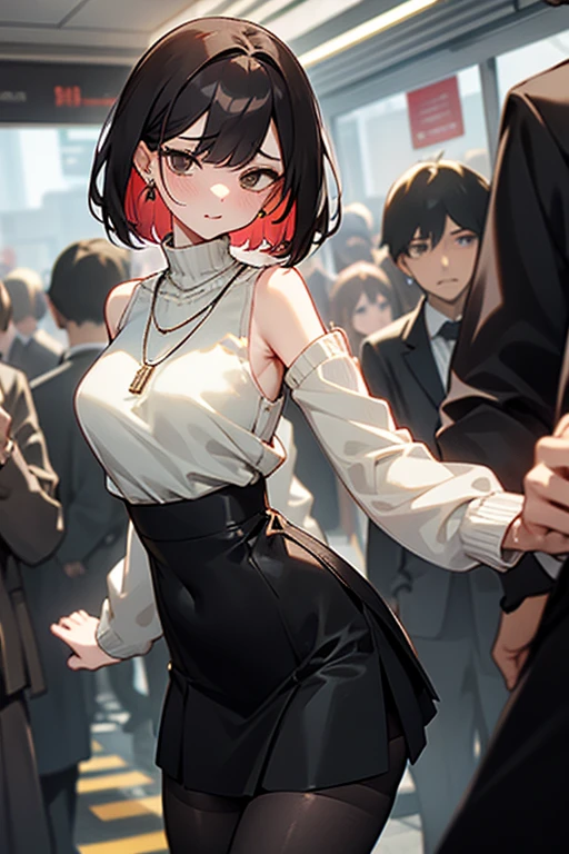 Brown short bob、Sleeveless white sweater、wearing a black jacket、Flared sleeves、Tight Skirt、Black Stockings、necklace、Extremely crowded train、There are a lot of people crowded together、Disheveled clothes、Your cheeks are red、slender、Curved waist、slender、Beautiful clavicle、There are a lot of people and they are close to each other、Flickering、Sexy、Belly button、Earrings、Color mesh on hair、