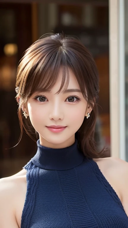 highest quality、8k wallpaper、Reality:1.4、Photographed by a professional photographer、Cinema Lighting、View your viewers、background:Night City、1 elegant woman、Japanese Idol、60 years old、Beautifully detailed eyes、Detailed face、Beautiful Skin、Slender、Slim waist、Thin legs、Lip balm、Blonde: 1.8、The light is shining on her hair、Fancy hairstyle:1.8、Asymmetrical bangs、Knit dress 、smile:1.8、Seductive pose