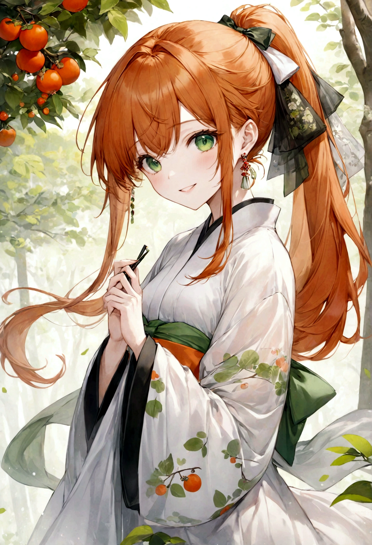 ((top-quality)), ((masterpiece)), ((ultra-detailliert)), (extremely delicate and beautiful), bright orange hair, long straight hair, long ponytail, spring green eyes, persimmon trees in the background, wuxia styled robes, sheer white sleeves, white robes with persimmon patterns, mischievous smile, beautiful woman, cheerful, big dark green satin bow hair tie, red earrings
