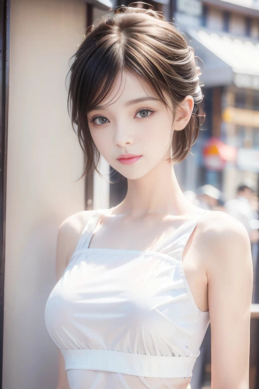 1 girl , short hair, Bun hairstyle, Upper Body, Close-up photo , full breasts, There is a bump in the chest, rain , Street View.