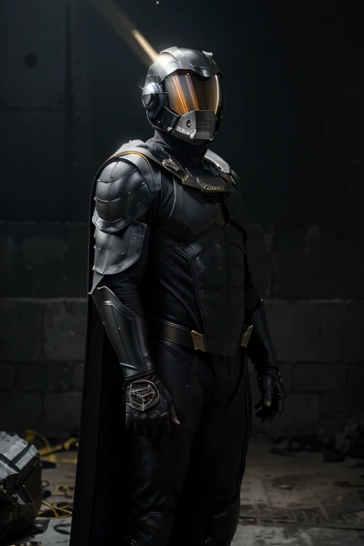 highres:1.2), ultra-detailed, realistic, superhero man, godly metal black armor, black cape, black gloves, black stripes on both sides of arms, no logo on armor, wears a black astronaut helmet with yellow visor, superhero base, cinematic lighting, dramatic shadows, volumetric lighting, epic fantasy, hyper detailed, majestic, awe-inspiring, heroic, powerful pose