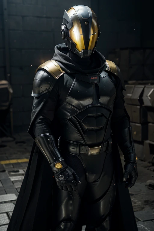 highres:1.2), ultra-detailed, realistic, superhero man, godly metal black armor, black cape, black gloves, black stripes on both sides of arms, no logo on armor, wears a black astronaut helmet with yellow visor, superhero base, cinematic lighting, dramatic shadows, volumetric lighting, epic fantasy, hyper detailed, majestic, awe-inspiring, heroic, powerful pose
