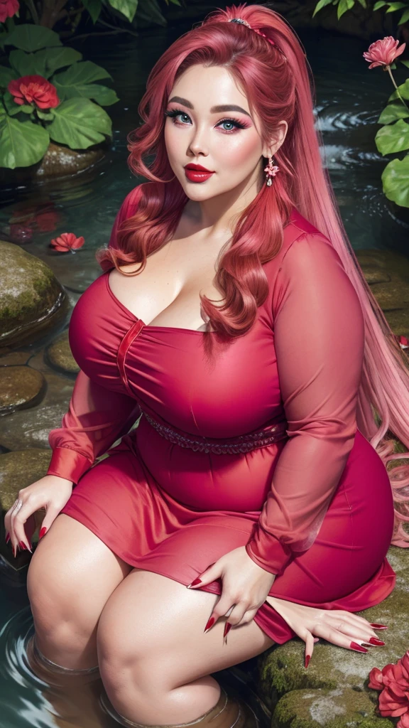 {Ultra HD, 4K, HDR, 8K, close up}, ((Rich married woman sitting in the nature stream, heavenly goddess, BBW, voluptuous, SSBBW, thick, age 35, light smirk, wearing loose pink dress, looking like Mom)), (((long straight ponytail hairs with red flower equipped, red lips, clear big eyes, raised eyebrows, pink cheeks, heavy makeup, red clothes, red nails)))