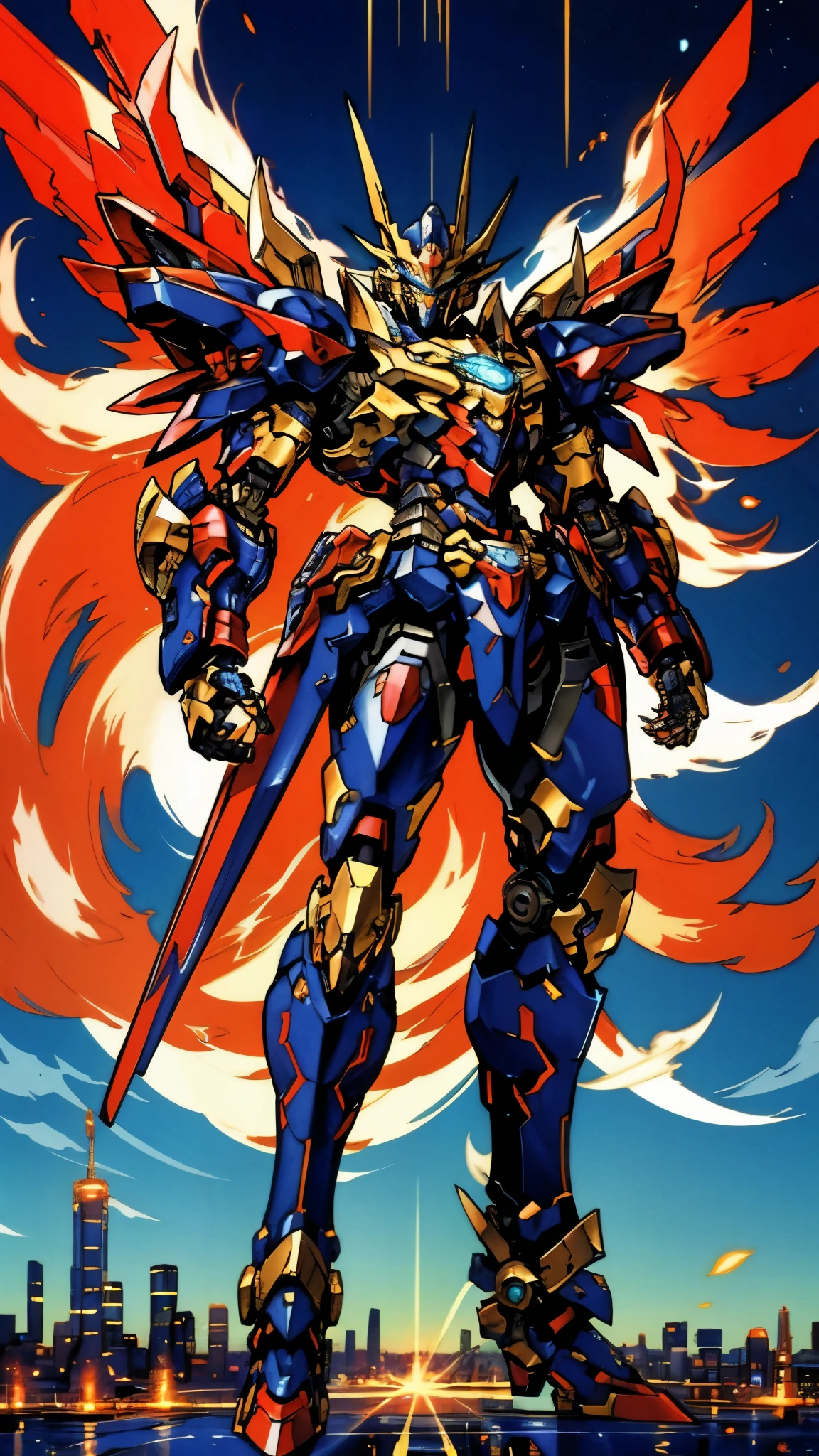 Humanoid Mecha, fully enclosed shoulder guards, matching arm and leg guards, full body, full armor, super robot, the design balances heavy with agility, (the color scheme is primarily white with red and blue accents, the concept Inspired by super robot, royal style chest armor, pose, standing, floating high above the futuristic sci-fi city), exquisite and mature art style, (aura effect, energy, glowing eyes, the armor glows), ((SRS)), metallic, dramatic, high definition, best quality, highres, ultra-detailed, ultra-fine painting, extremely delicate, professional, perfect body proportions, anatomically correct, symmetrical face, extremely detailed eyes and face, high quality eyes, creativity, RAW photo, UHD, 32k, Natural light, cinematic lighting, masterpiece-anatomy-perfect, masterpiece:1.5