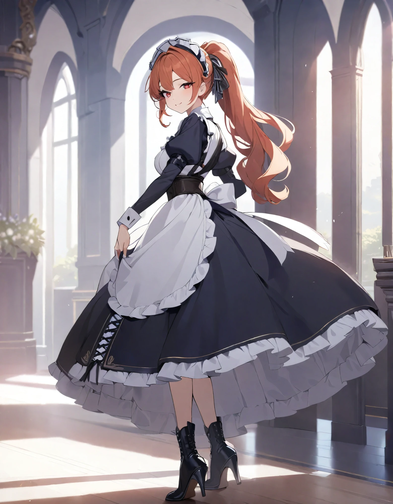 (best quality,4k,8k,highres,masterpiece:1.2),ultra-detailed, (1girl) A cute teenage bodyguard maid with red eyes, drawn in anime style, spiky ginger hair in a long ponytail, protective and caring, victorian fashion, wearing a cute black maid dress with short puffy sleeves, gorgeous dress design,flowing gown,elaborate lace details,rich textures,contrast stitching,delicate ribbon bows,floral accents,full skirt,long sleeves,fitted waistline,lace-up back,luxurious fabrics,flawless silhouette, tactical gear, light armour, petticoat, bloomers, a frilly headband, a frilly white apron, high-heel boots, ribbons, gun holster, steampunk style, girlish smile, feminine and elegant posture, waiting in a castle hallway, extremely detailed eyes and face,long eyelashes,volumetric lighting,cinematic lighting,protective posture,highly detailed texture,intricate details.