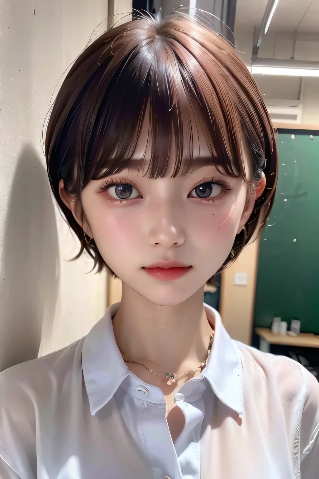 (highest quality:1.3)、(Masterpiece:1.4)、Raw photo、8K、((Best image quality))、 ((High resolution))、Beautiful face in every detail、Realistic human skin、Gentle expression、(Cute natural anime face)、(One Woman:1.3)、Realistic、Photorealistic、short hair、(Beautiful woman)、((Cool Japan girl))、(boyish:1.3)、mannish、((Beautiful woman))、(Beautiful Hair)、((Dark brown hair))、(Blushing:1.5)、(Fashion Model:1.3)、(Every woman admires her face:1.3)、((Her eyes are big))、20 year old beauty、(Small face)、Small Head、((Long neck))、(High school girls)、uniform、(Japanese high school uniform)、(High school girlsのuniform)、White button-up shirt、I opened my chest.、Collared shirt、(necklace)、(The aspirations of young people)、((The center of attention in school))、everyone will love her、