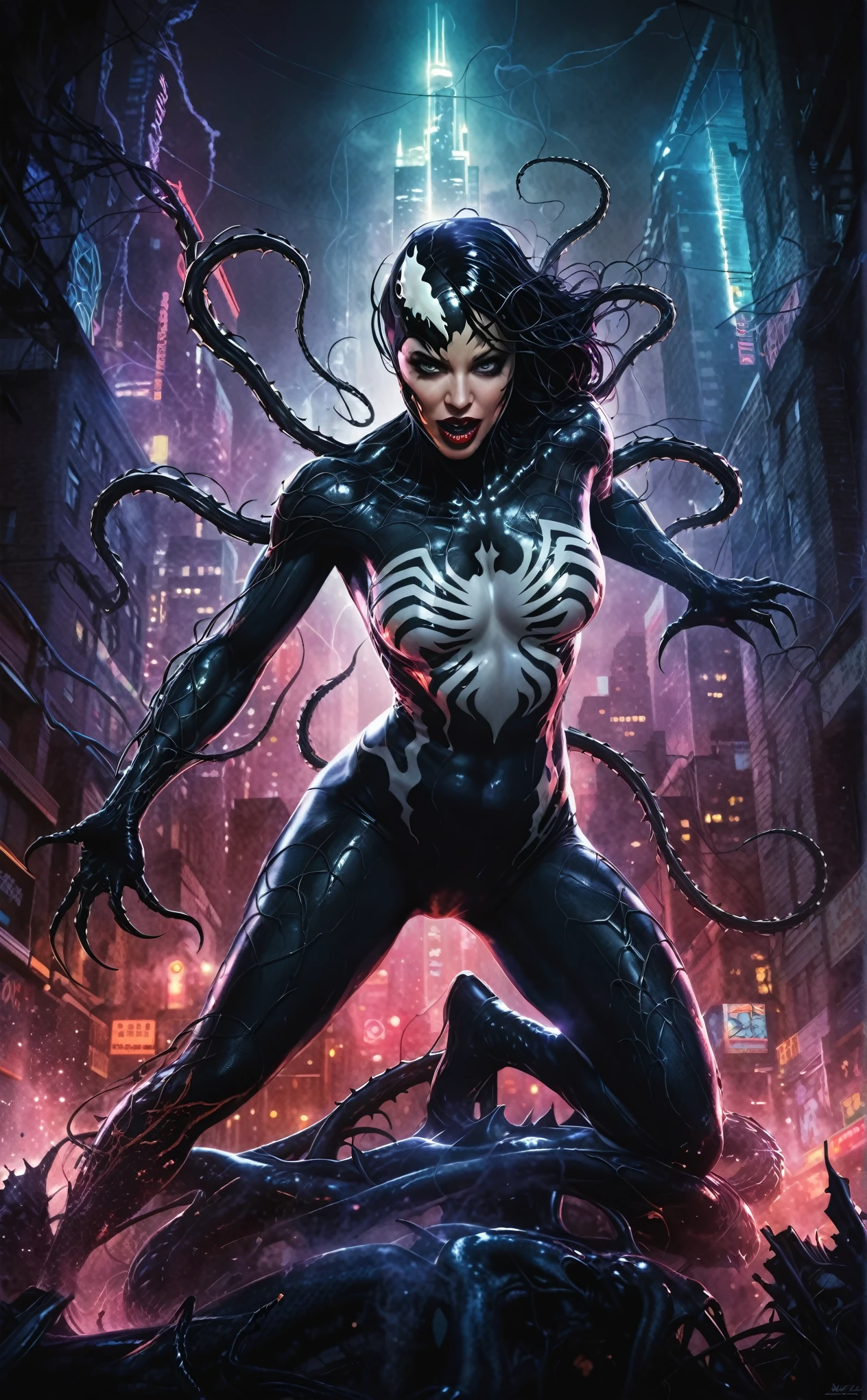 A striking, conceptual illustration of a female Venom beauty face in a gritty slim waist, big breasts, dark-lit cityscape, akin to a Zack Snyder-esque cinematic style. The woman is adorned with the symbiote, showcasing a unique take on the Venom suit, with tendrils writhing over her body. Sticky, glossy black substance is seen on her skin, reflecting the light from the city's neon signs. Her eyes glow menacingly, and her expression exudes both power and danger. The background consists of a towering, futuristic cityscape with bright, pulsating lights, creating a feeling of intense energy and action., poster, illustration, conceptual art