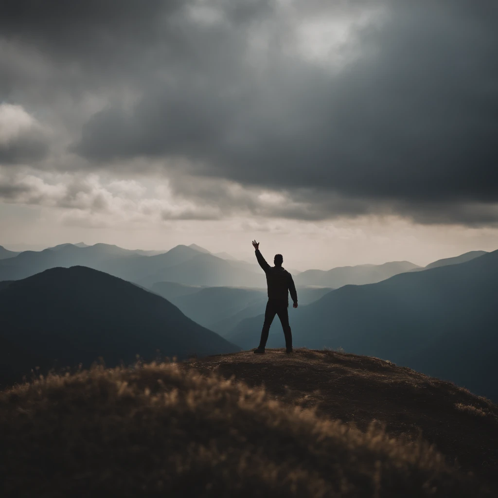 "A person standing on top of a mountain, with arms open and face turned to the sky, simbolizando conquista e empoderamento."