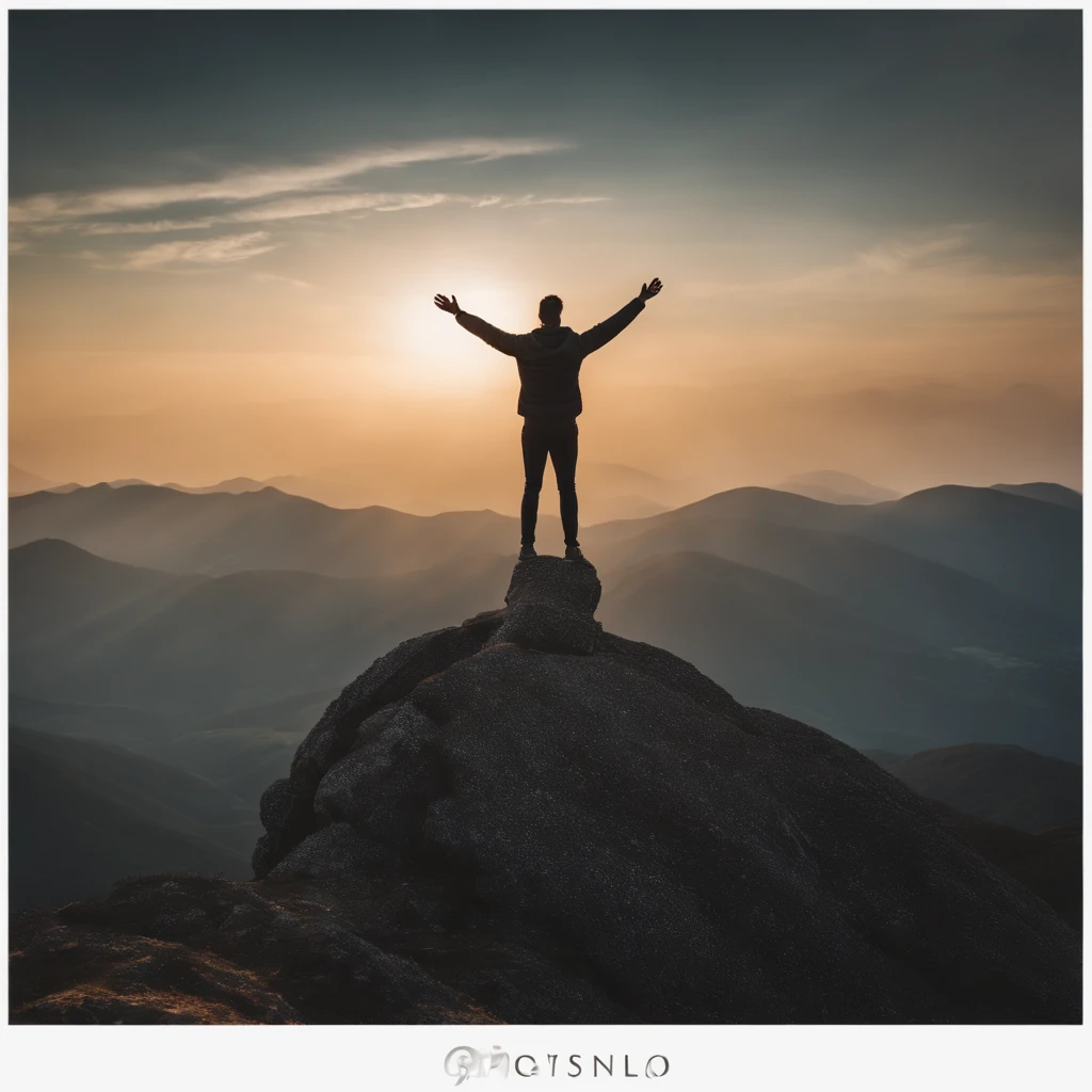 "A person standing on top of a mountain, with arms open and face turned to the sky, simbolizando conquista e empoderamento."