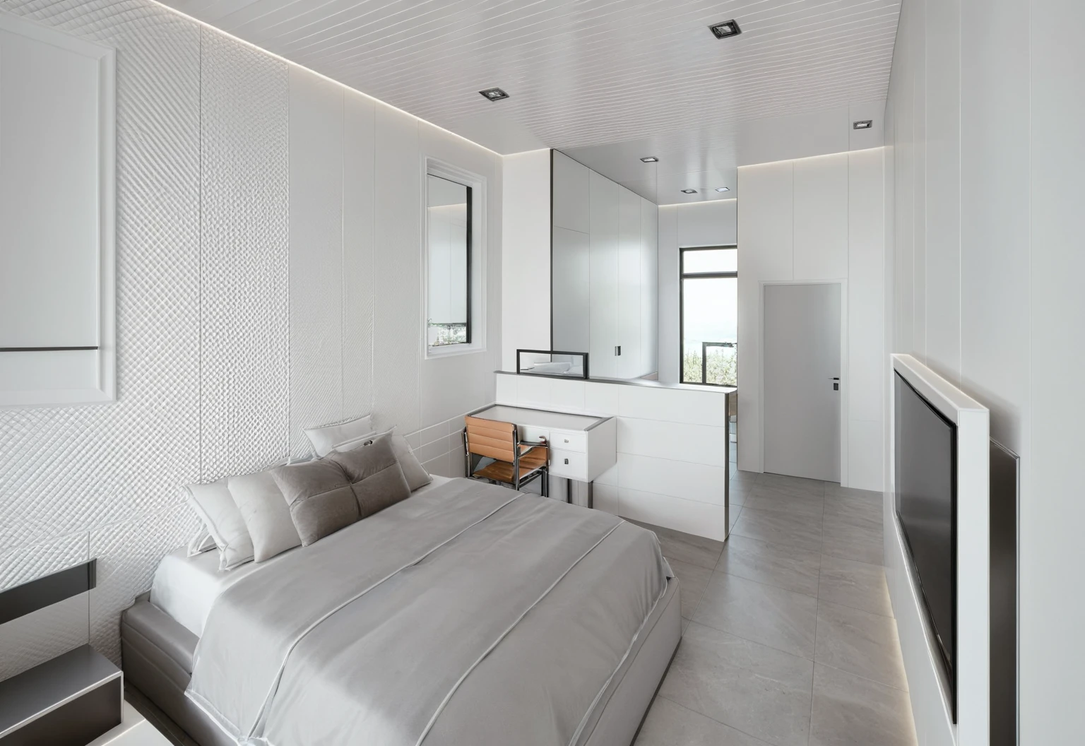 (best quality, masterpiece, high_resolution:1.5),UHD 32K, MATT CERAMIC TILING FLOOR, sharp detail, main materials white walls, WITH GREY STEEL FRAME, sky, day, indoors, no humans, window, chair, table, plant,BEDROOM ,Modern,3d style, ((  WHITE CEILING : 1.3))