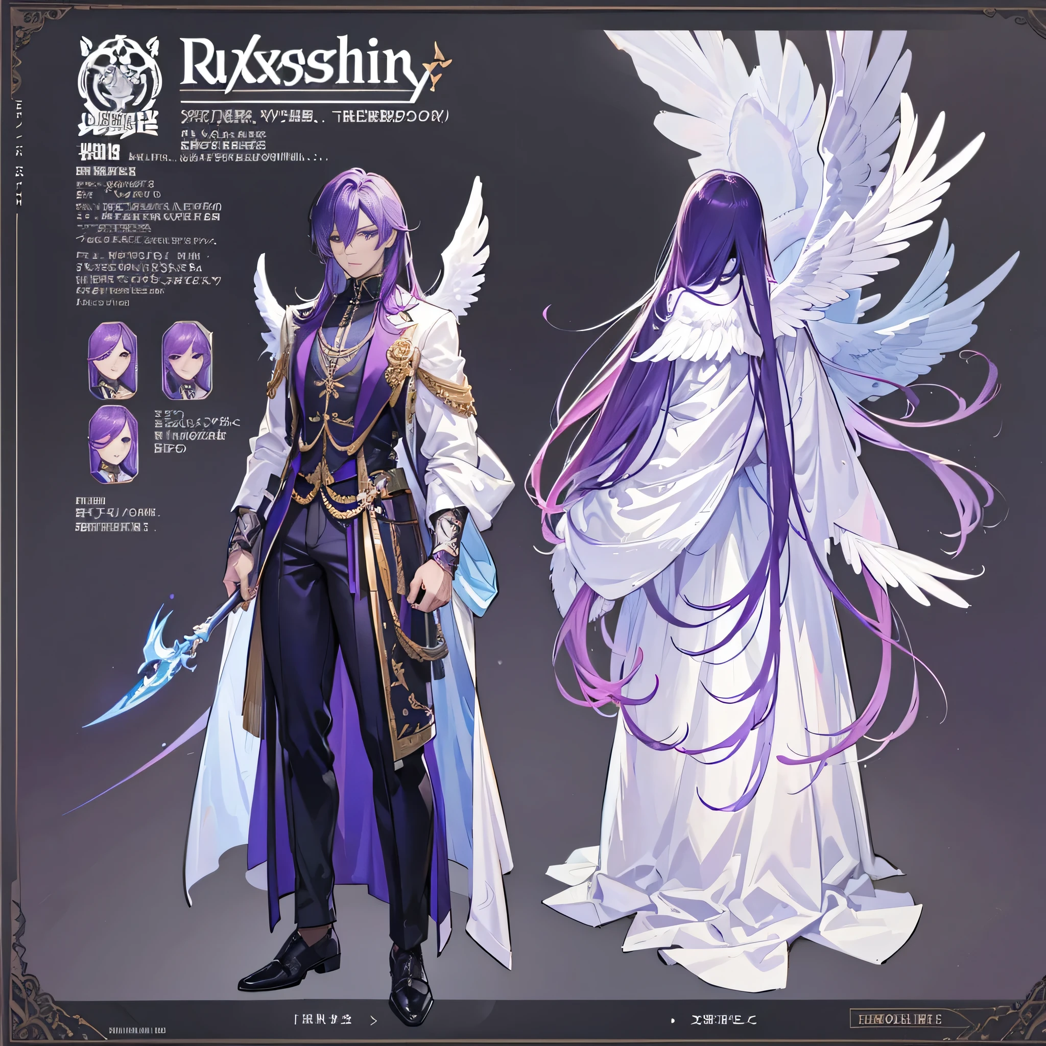 (Masterpiece, best quality), detailed, 1 man, ((character concept art)), ((character design sheet, same character, front, side, back)), full body, body complete, 1 Male angel, 1 Man angel, Detailed face, character design sheet,full bodyesbian, Highly detailed, character sheet, character design, Many parts, dark skin, angel wings, short purple hair, angel outfit, muscle male god, male clothes, masculine, muscle man, male muscle, manly, male angel, Muscle male with short purple hair,beautiful man, beautiful muscle man