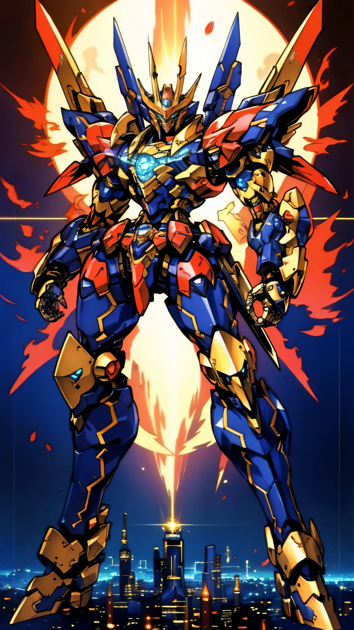 Humanoid Mecha, fully enclosed shoulder guards, matching arm and leg guards, full body, full armor, super robot, the design balances heavy with agility, (the color scheme is primarily white with red and blue accents, the concept Inspired by super robot, royal style chest armor, pose, standing, floating high above the futuristic sci-fi city), exquisite and mature art style, (aura effect, energy, glowing eyes, the armor glows), ((SRS)), metallic, dramatic, high definition, best quality, highres, ultra-detailed, ultra-fine painting, extremely delicate, professional, perfect body proportions, anatomically correct, symmetrical face, extremely detailed eyes and face, high quality eyes, creativity, RAW photo, UHD, 32k, Natural light, cinematic lighting, masterpiece-anatomy-perfect, masterpiece:1.5