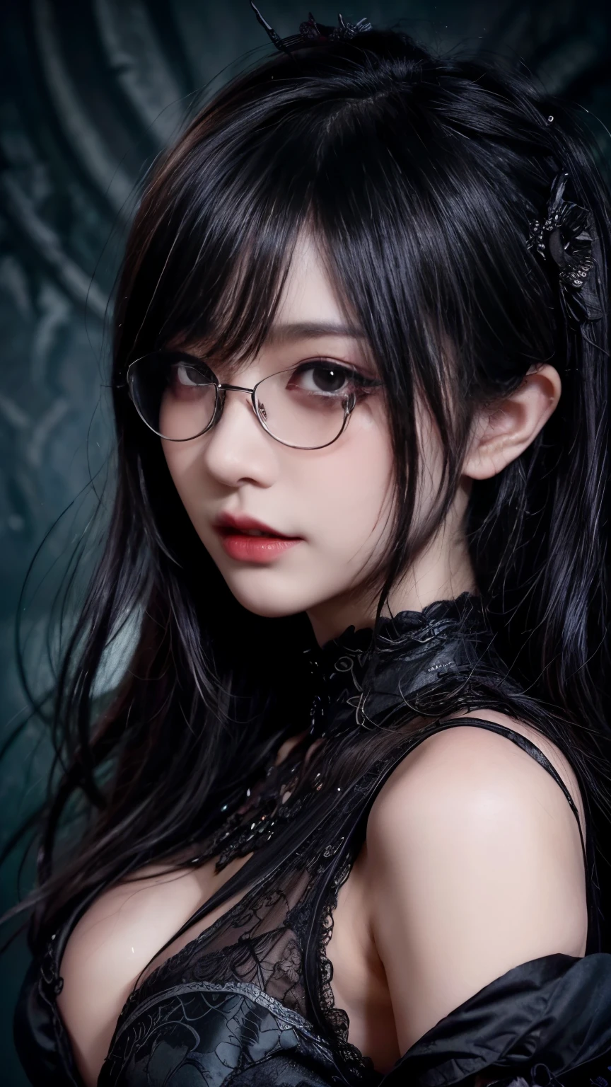 (highest quality,4K,8k,High resolution,masterpiece:1.2),Very detailed,(Realistic,photoRealistic,photo-Realistic:1.37), Close-up of a woman with dark hair and wearing a black dress, Dark Eyes,an  ominous笑顔,((((Glasses))))、Evil Aura,Burning Flames,Soul Corruption,Dark Shadows,an  ominous雰囲気,Strange symbols,Cursed Land,Eternal Darkness,An unforgettable presence,Intimidating person,Grotesque features,Horror Scene,twisted reality,Scary atmosphere,A wonderful work of art,Evil Unleashed,Supernatural horror,Spooky art,nightmare fuel,Terrifyingly clear,Abstract fear,Terrifyingly beautiful,masterpiece,Fear incarnate,Shadow Chaos,existence,to be born々Shii Darkness,in style of Dark Fantasy Art, Dark Fantasy Art, Beautiful and elegant queen of darkness, Dark Fantasy Art, fantasy dark art, Dark fantasy digital art, Gothic fantasy art, Gothic Dark Maiden, Detailed Texture,Spooky creatures,an  ominous雰囲気,Mythical,Space horror,darkness,Mysterious,Dark aesthetic,Fog Background,Eyes of another world,Ancient Gods々, Powerful wizard, Mysterious森の中に立つ. Flowing robes decorated with symbols, Arms stretched out, Powerful,Tentacles,Pitch black blackness,Majestic,Unfathomable depth,nightmare,The existence of the universe,an  ominous存在,seeping darknesss,Secrets of the Universe, (Spooky atmosphere), (((Dramatic Shadows), (Dynamic pose), ((Artistically expressed)), ((attractive), (Gothic), (Mysterious Setting), (Moody color palette), (Skillfully drawn), (sense of unease), (Intricate details), (an  ominous smile), (an  ominous), (attractive eyes), (Horror elements), (attractive composition), (Impressive anatomy),(Striking contrast))), (Interesting character designs)、Dark Fantasy Portrait, Portrait of the Dark Goddess, 