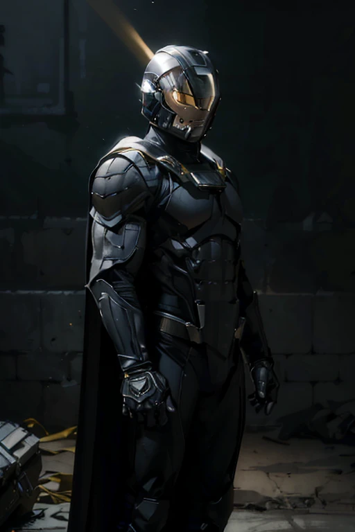 highres:1.2), ultra-detailed, realistic, superhero man, godly metal black armor, black cape, black gloves, black stripes on both sides of arms, no logo on armor, wears a black astronaut helmet with yellow visor, superhero base, cinematic lighting, dramatic shadows, volumetric lighting, epic fantasy, hyper detailed, majestic, awe-inspiring, heroic, powerful pose