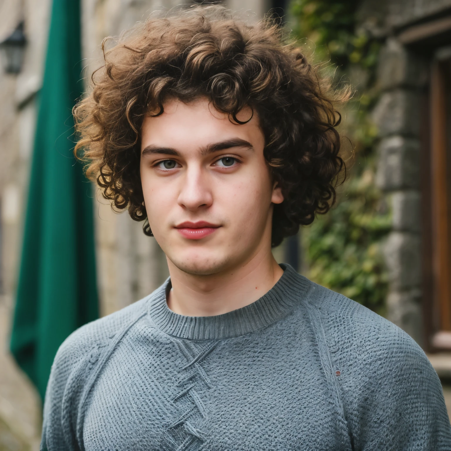his name is Ronan, 1boy, young man, young male, solo, realistic, photo realistic, mature, (((20 years old))), Irish young adult, chubby hunk, normal fat, (((brunette curly hair))), (((Irish face))), (((Irish eyes))), (((Irish nose))), (((Irish lips))), (((wearing sweater and pants))), (((roaming in Ireland)))