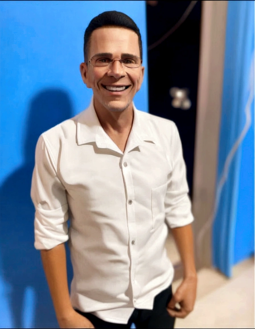 A councilor analyzing a dream project inspired by Pixar animation, up close. The character is the center of attention with captivating facial expressions, offering a touch of unreality on the councilman's shirt, a phrase"Cristiano Folha"Cartoon character of a man in black glasses and blue shirt, animation character, Caractere estilizado, animation style rendering, 3D estilizado, Arnold Maya rendering, Stylized 3D rendering, toon render screenshot, Personagem 3D, Personagem 3D, Stylized 3D rendering, 3D character rendering, personagem de desenho animado, Personagem de close up, Pose de personagem, (Estilo Pixar) (parte mestre:1.2) (Bokeh) (melhor qualidade) (pele detalhada) (textura detalhada) (8K) (argila) (cinematic lighting) (sharp focus