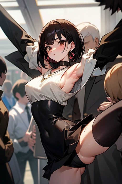 Brown short bob、Sleeveless white sweater、wearing a black jacket、Flared sleeves、Tight Skirt、Black Stockings、necklace、Extremely crowded train、There are a lot of people crowded together、Disheveled clothes、Your cheeks are red、slender、Curved waist、slender、Beautiful clavicle、There are a lot of people and they are close to each other、Flickering、Sexy、Belly button、Earrings、Color mesh on hair、Sweaty、hot、Grabbing your arms or shoulders、Spread your legs