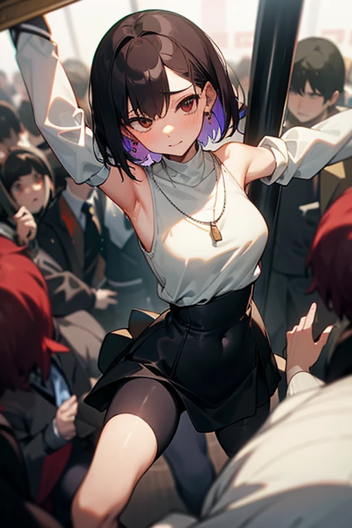 Brown short bob、Sleeveless white sweater、wearing a black jacket、Flared sleeves、Tight Skirt、Black Stockings、necklace、Extremely crowded train、There are a lot of people crowded together、Disheveled clothes、Your cheeks are red、slender、Curved waist、slender、Beautiful clavicle、There are a lot of people and they are close to each other、Flickering、Sexy、Belly button、Earrings、Color mesh on hair、Sweaty、hot、Grabbing your arms or shoulders、Spread your legs