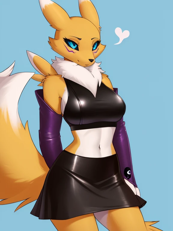 (furry Art, Uploaded On E621:1.4), Masterpiece, (best Quality:1.2), Simple Background, Detailed Image, Colorful, Vibrant Colors, Detailed Face, Perfect Lighting, Perfect Shadows, Perfect Eyes, Girl Focus, Perfect Hair, Blue Eyes, Perfect Face, Medium Breasts, Gorgeous Body, Hourglass Body, Shiny Body, 1girl, Solo, Center Focus, Renamon, Fox Ears, Tattoo, Fox Tail, Facial Mark, Fox Girl, Claws, Furry, Colored Sclera, Furry Female, Black Sclera, Body Fur, White Fur, Yin Yang, Animal Nose, Long Snout, Two-tone Fur, Digimon (creature), Yellow Fur, Upper Body, Cropped Torso, Steaming Body, (one Tail:1.8) (((seductive, Leather Skirt, Leather Sports Bra, Bare Shoulder, Bridal Gauntlets, Sleeves)))