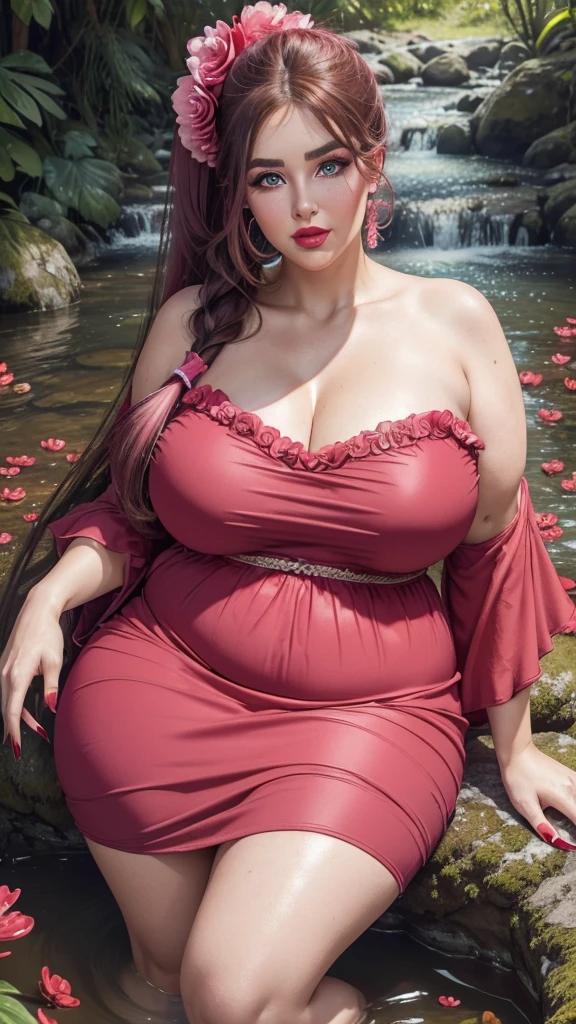 {Ultra HD, 4K, HDR, 8K, close up}, ((Rich married woman sitting in the nature stream, heavenly goddess, BBW, voluptuous, SSBBW, thick, age 35, light smirk, wearing loose pink dress, looking like Mom)), (((long straight ponytail hairs with red flower equipped, red lips, clear big eyes, raised eyebrows, pink cheeks, heavy makeup, red clothes, red nails)))
