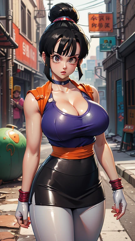 (Surreal,32k,RAW photos:1.1),(High Detail Skin:1.1), 8K Ultra HD, Digital SLR Camera, high quality, Film Grain, (cosmetic, mascara:1.1),(Videl Dragon Ball :1.4), Lips,(Thick\Lips\), ,(Cyberpunk ruins dungeon ruins alley background :1.4 ), (Mini skirt white :1.4), (Shiny White Leggings/shackles:1.4),(Japanese white kimono :1.4),
(shiny translucent clothes:1.4 ), Dragon Ball, BB Qiqi, single Hair Bun, Hair Bun, (Bangs:1.4) , Side lock, black eyes, earrings,( Orange scarf:1.4) , Orange scarf, Purple dress, Sleeveless, bracelet, Huge breasts, ((Cleavage))
(looking at the audience, portrait:1.1),,
(plump:1.1) , (Chubby:0.1),(Soft neon lights:1.1),Dark theme, A very clean and well organized modern place, (Dynamic cowboy pose), (Perfect anatomical structure :1.4), (Videl Dragon Ball V2.1), ,( Cyberpunk 2.1),( Miniskirt white :1.4