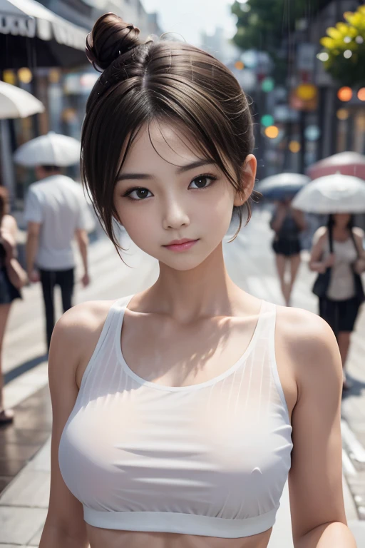 1 girl , short hair, Bun hairstyle, Upper Body, Close-up photo , full breasts, There is a bump in the chest, rain , Street View.