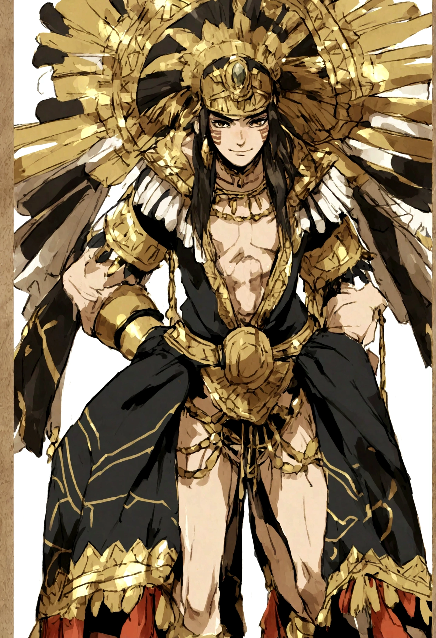 Aztec warrior manga character with rocker appearance typical costumes in black leather and gold and silver accessories high resolution pre-Hispanic appearance, happy and happy arms and legs separated from the body