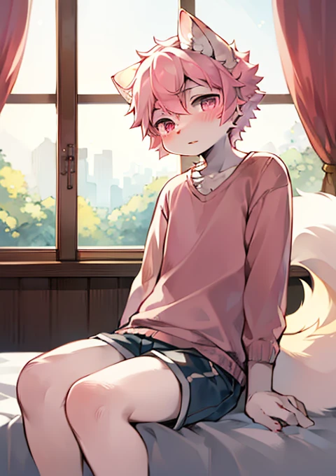 (Bedroom,Cat咪Bedroom,Homely bed,pink,cute,window,Sunlight), male_important,Sitting on the bed,hairy, 1 boy,Cat, (detailed_background,amazing_background),Pink fur, Cat男孩, Pink and white shirt,Pink and white shorts,simple, Cat尾巴,(Many Tails), pink眼睛, pink頭髮,A refusal to dye,detailed face,detailed eyes,Head tilt, from the side, SFW,