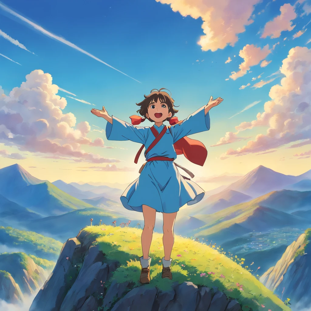 "A person standing on top of a mountain, with arms open and face turned to the sky, simbolizando conquista e empoderamento."